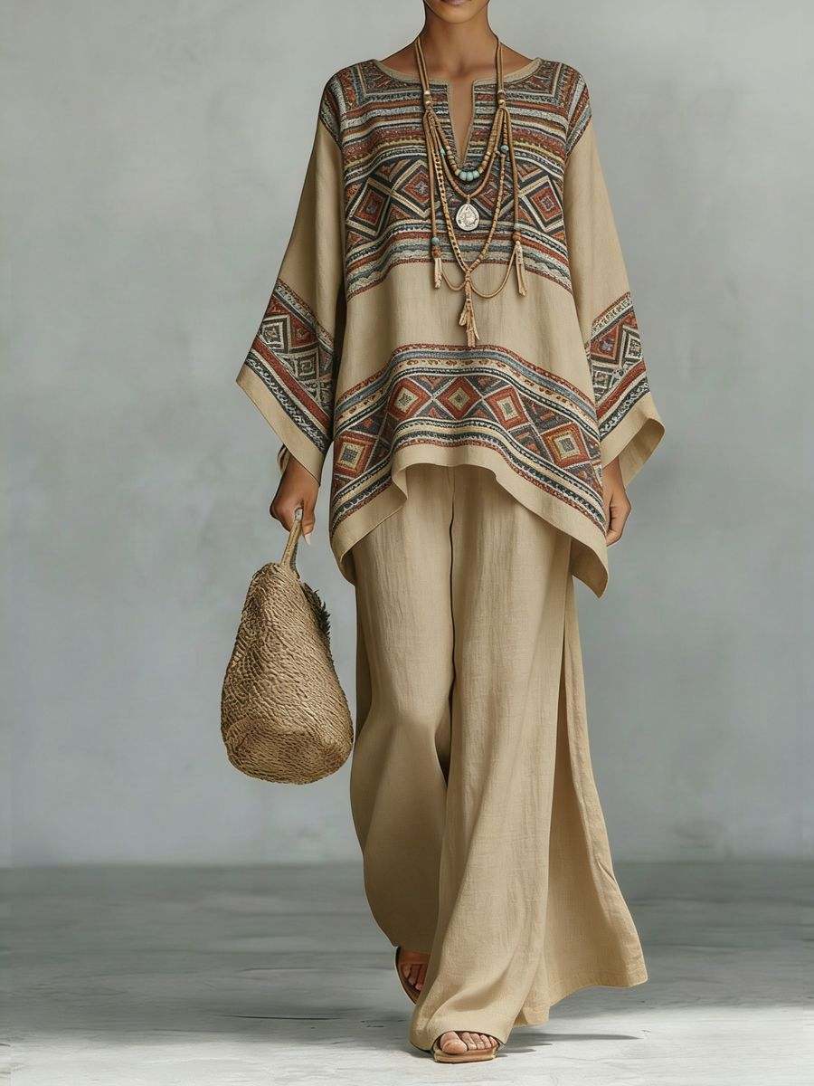 Floral Print Bamboo Linen Two-Piece Set | Wide-Leg Pants