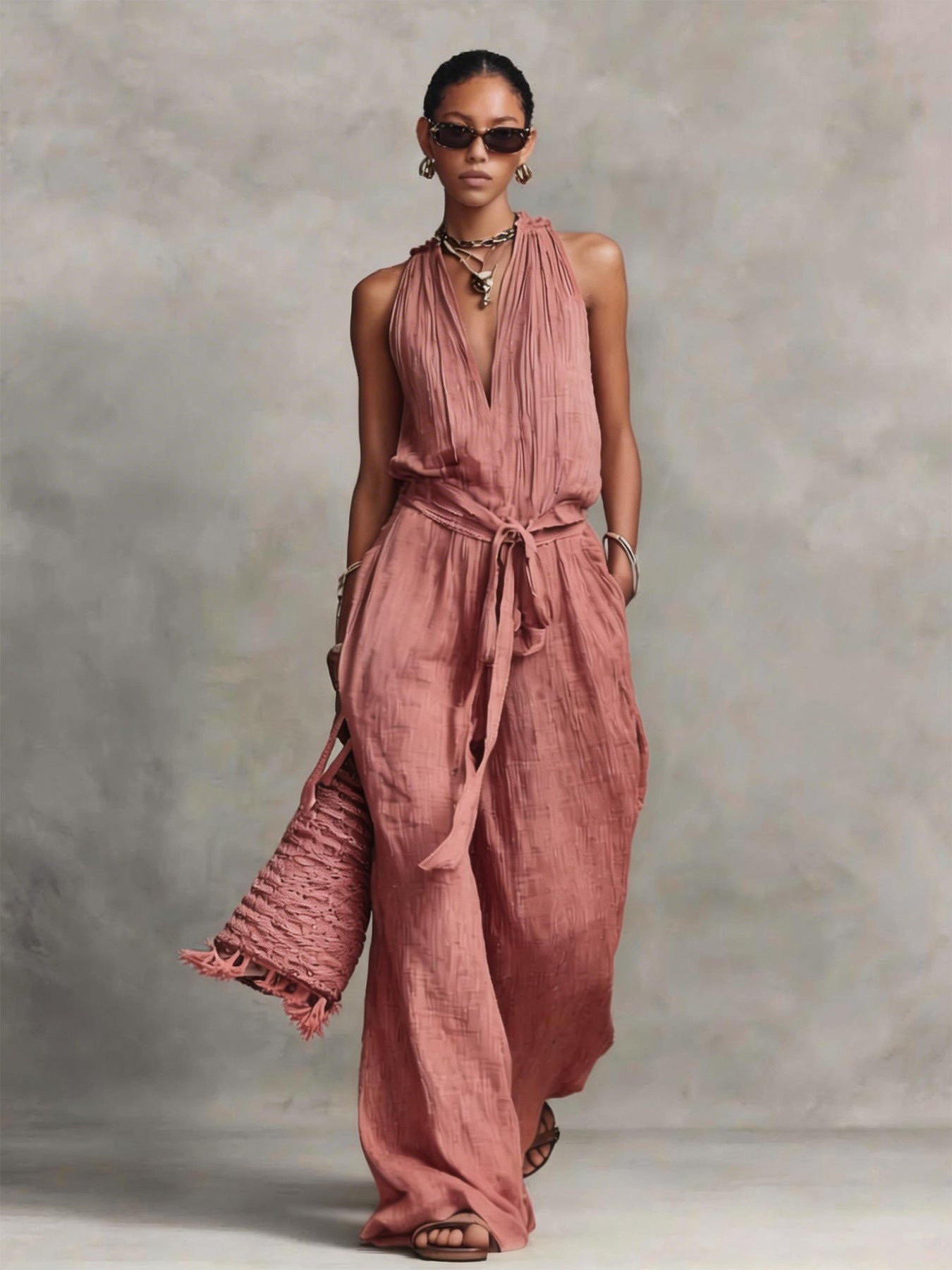 Lace-Up Sleeveless Straight-Leg Jumpsuit | Cotton-Blend