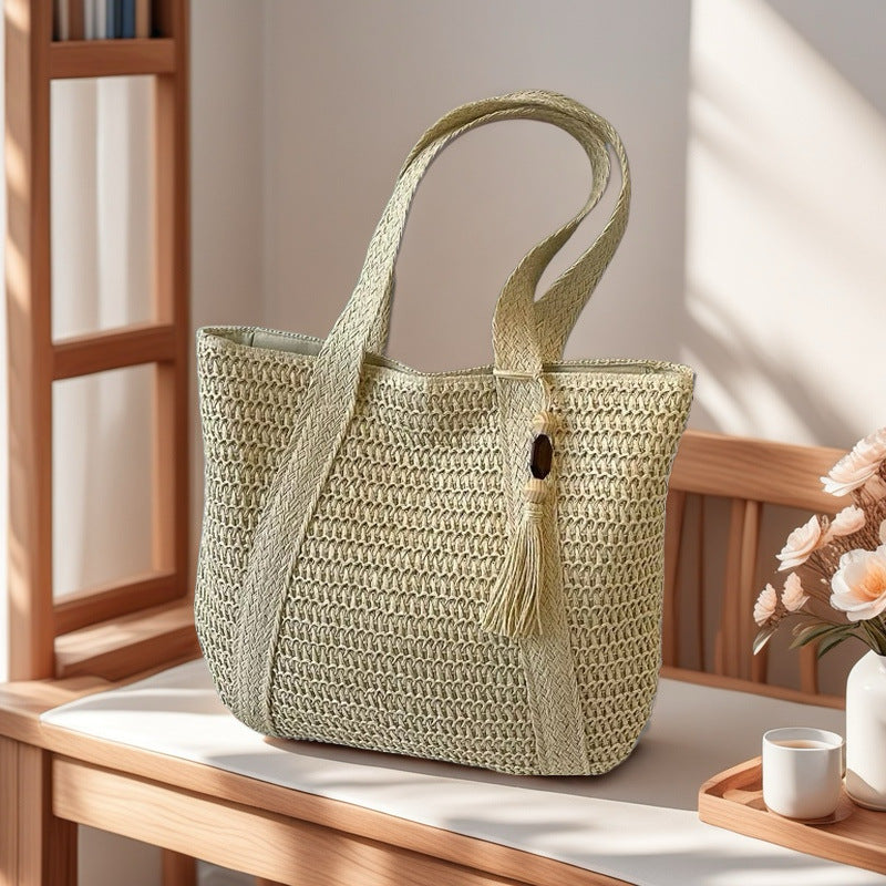 Wooden Bead Tassel Handwoven Straw Tote – Beach & Vacation Bag