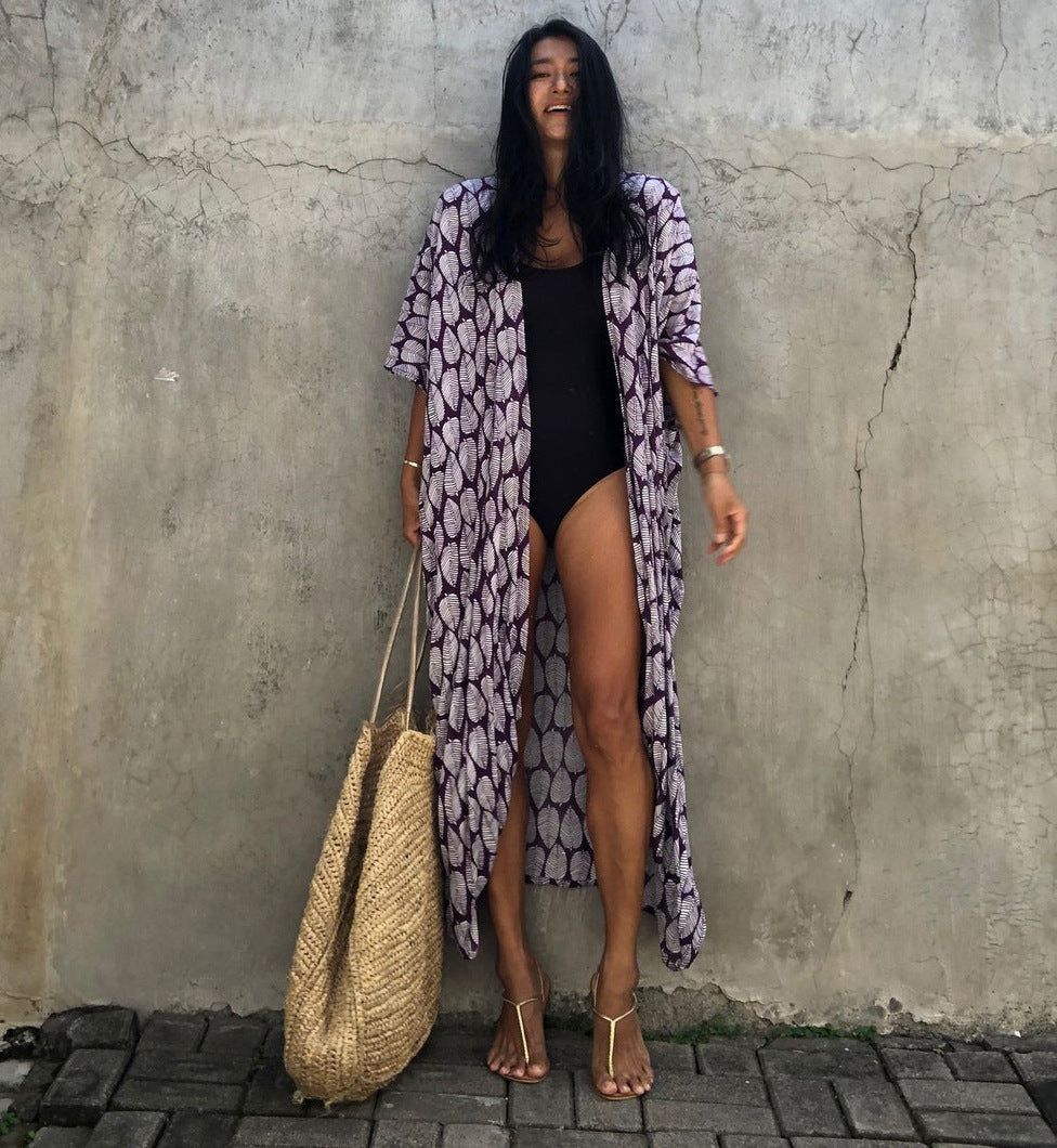 Cotton Leaf Print Beach Cover-Up – Cardigan Style Sun Protection Dress