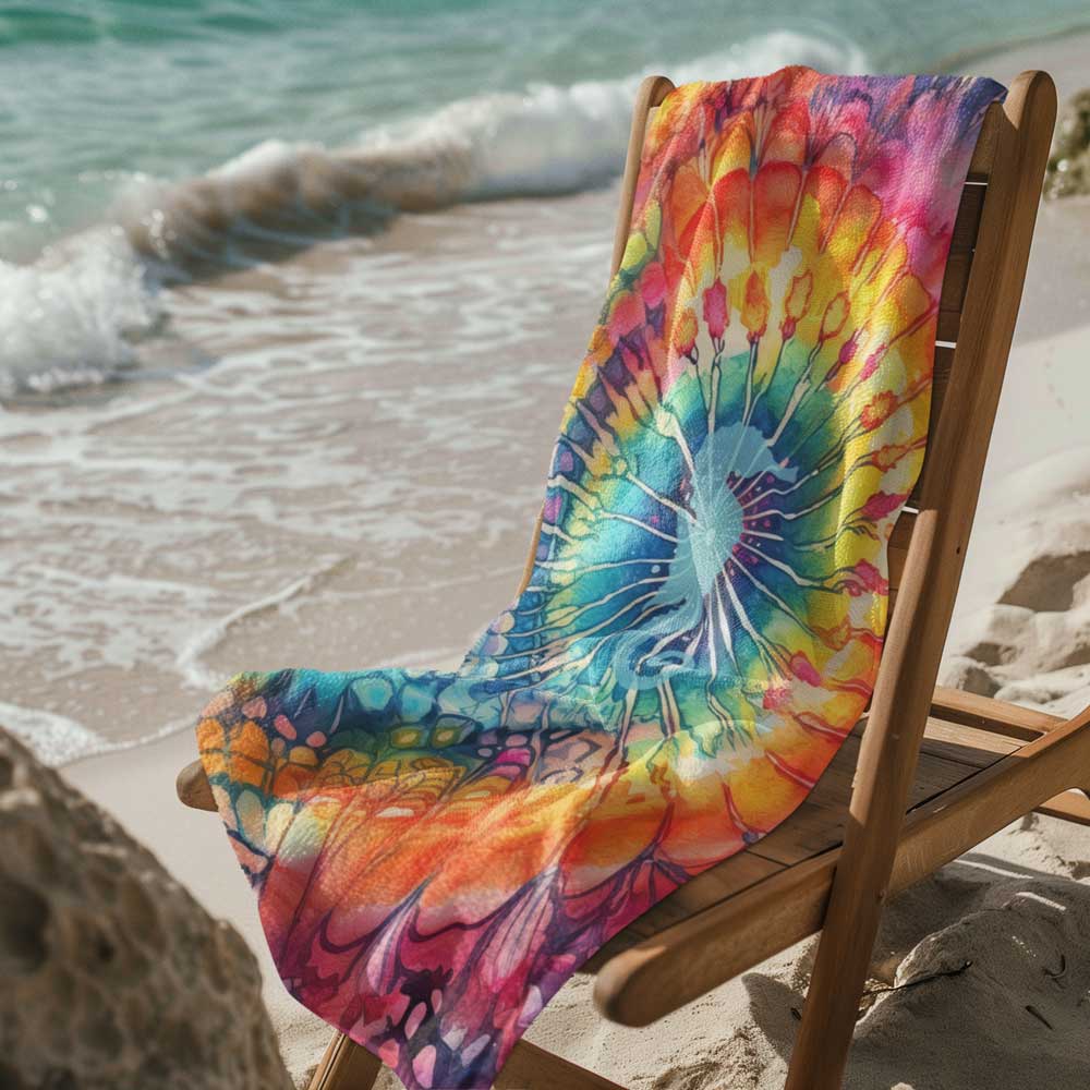 Vibrant Tie-Dye Beach Towel with Seahorse 🪸