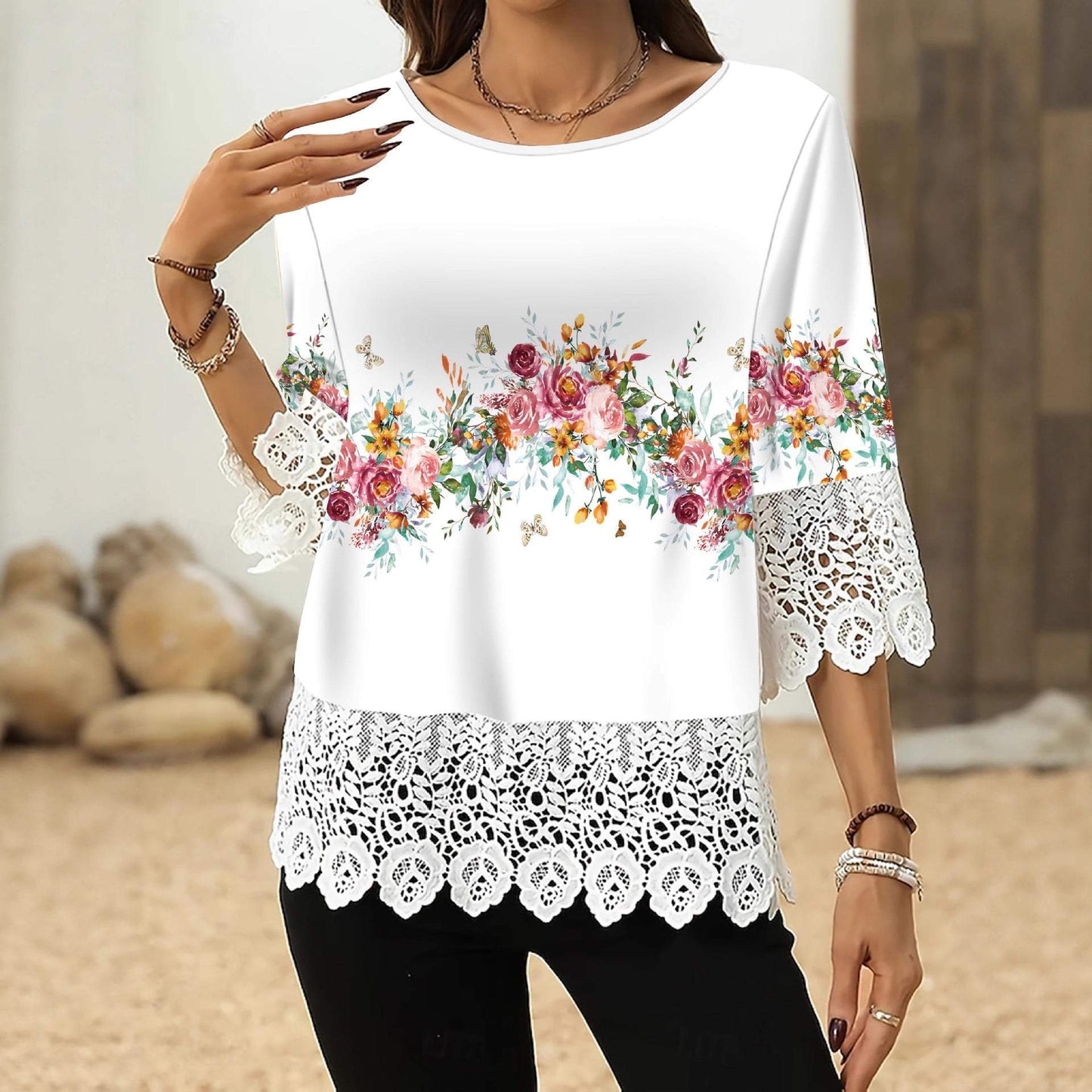 Printed Patchwork Three-Quarter Sleeve Top – Women's Loose Fit Pullover