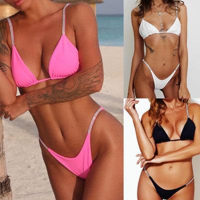 "Diamond Shore – Rhinestone Strap Triangle Bikini Set"