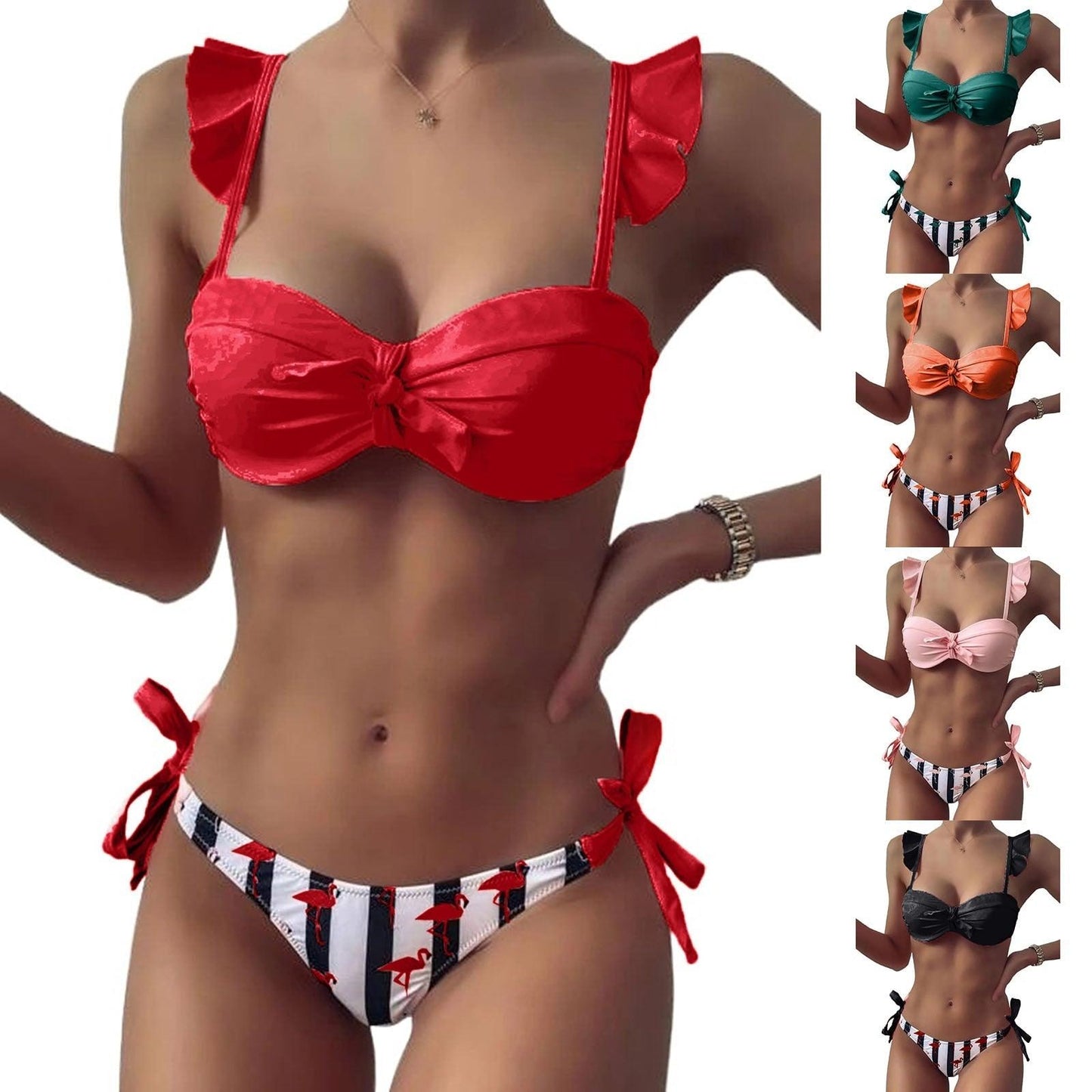 "Flamingo Bay – Ruffle Strap Bow Bikini Set"