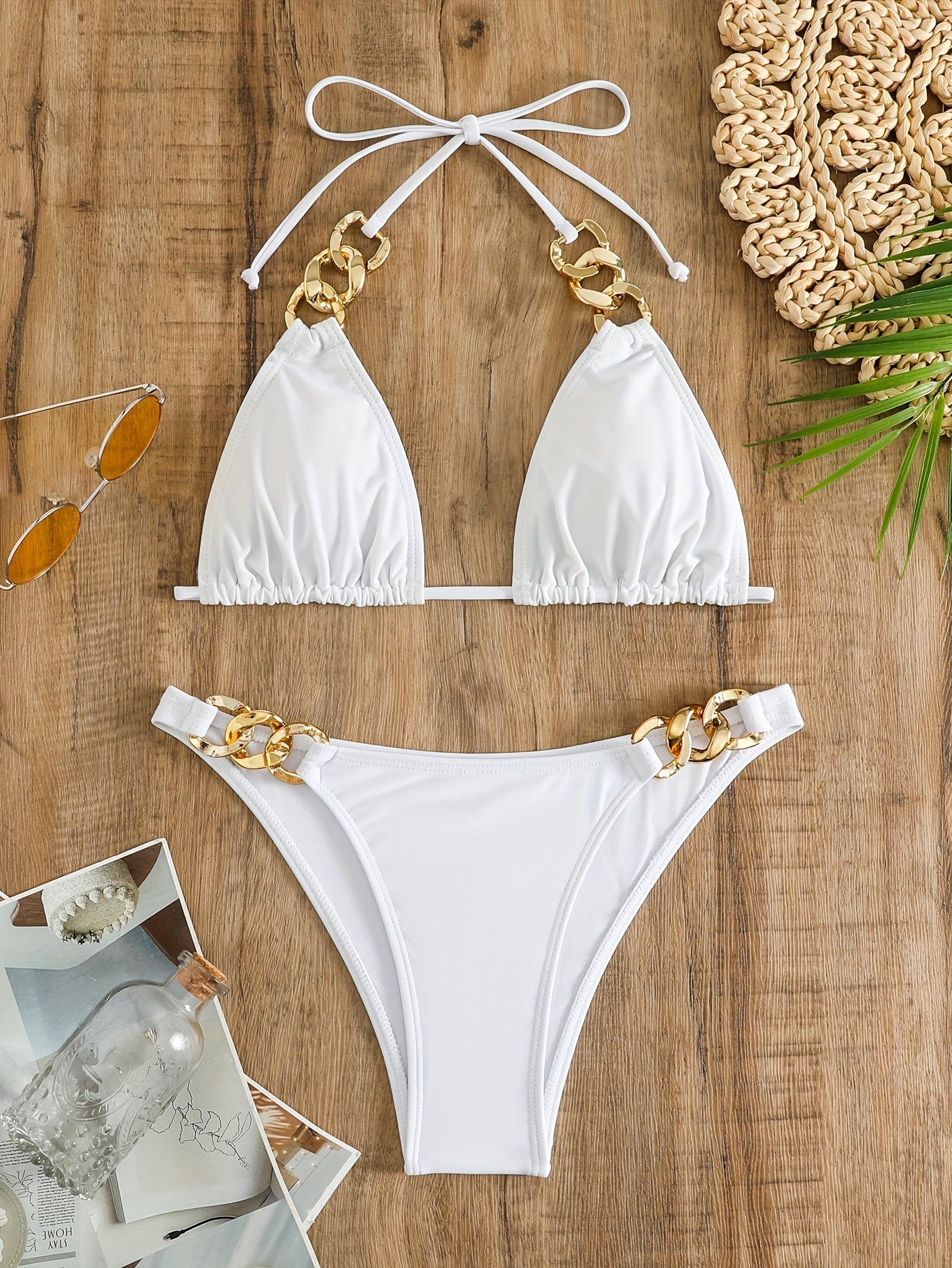 Luxe Hardware Detail Link Triangle Halter Bikini Set – Chic V Neck 2 Piece Swimsuit with Lace-Up Tie Back High Stretch Nylon Blend and Sleek Solid Color Finish – Women's Elegant Swimwear for Summer Beach & Pool Style