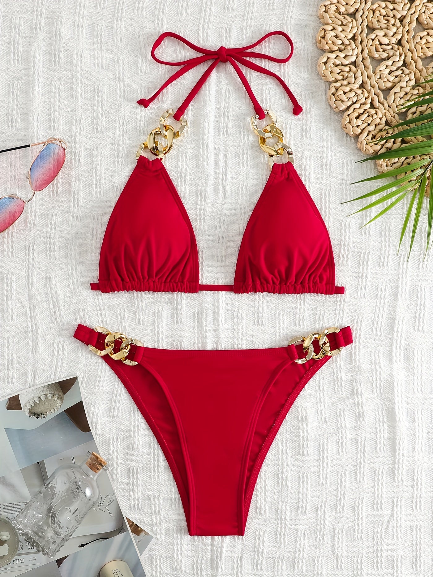Luxe Hardware Detail Link Triangle Halter Bikini Set – Chic V Neck 2 Piece Swimsuit with Lace-Up Tie Back High Stretch Nylon Blend and Sleek Solid Color Finish – Women's Elegant Swimwear for Summer Beach & Pool Style