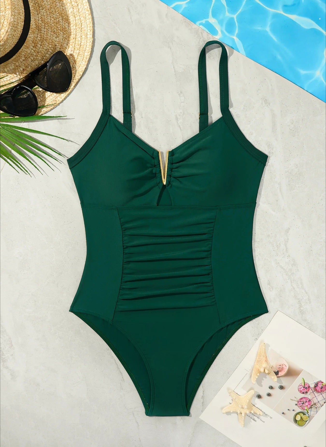 Solid Color One-Piece Swimsuit with Padded Bra – Swimming & Beach