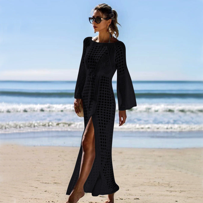Hollow-Out Knitted Maxi Beach Dress – Long Sleeve Split Hem Bikini Cover-Up