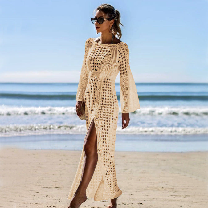 Hollow-Out Knitted Maxi Beach Dress – Long Sleeve Split Hem Bikini Cover-Up