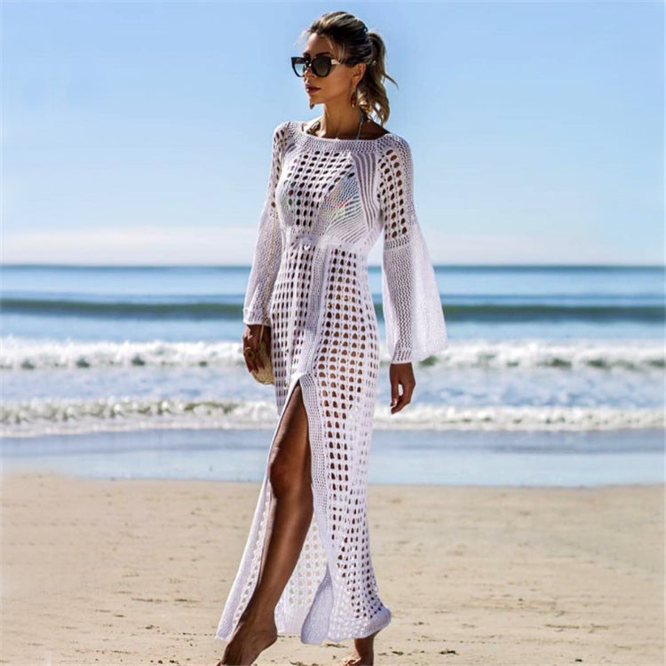 Hollow-Out Knitted Maxi Beach Dress – Long Sleeve Split Hem Bikini Cover-Up