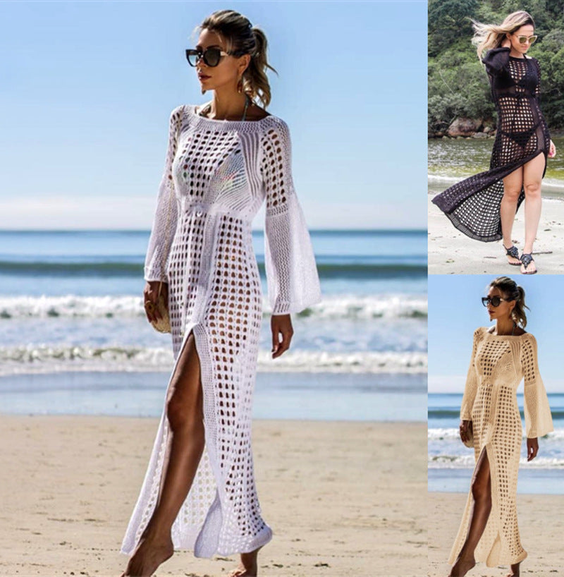 Hollow-Out Knitted Maxi Beach Dress – Long Sleeve Split Hem Bikini Cover-Up