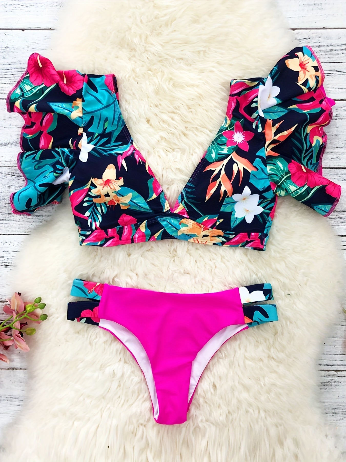 "Siren's Flutter – Ruffle Sleeve V-Neck Bikini Set"