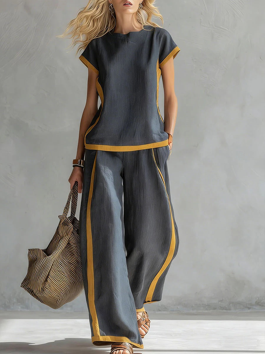 Solid Color Shirt & Wide-Leg Trousers Two-Piece Set