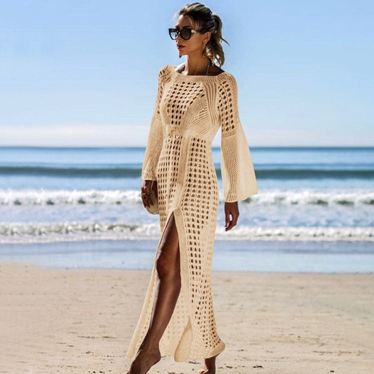 Hollow-Out Knitted Maxi Beach Dress – Long Sleeve Split Hem Bikini Cover-Up