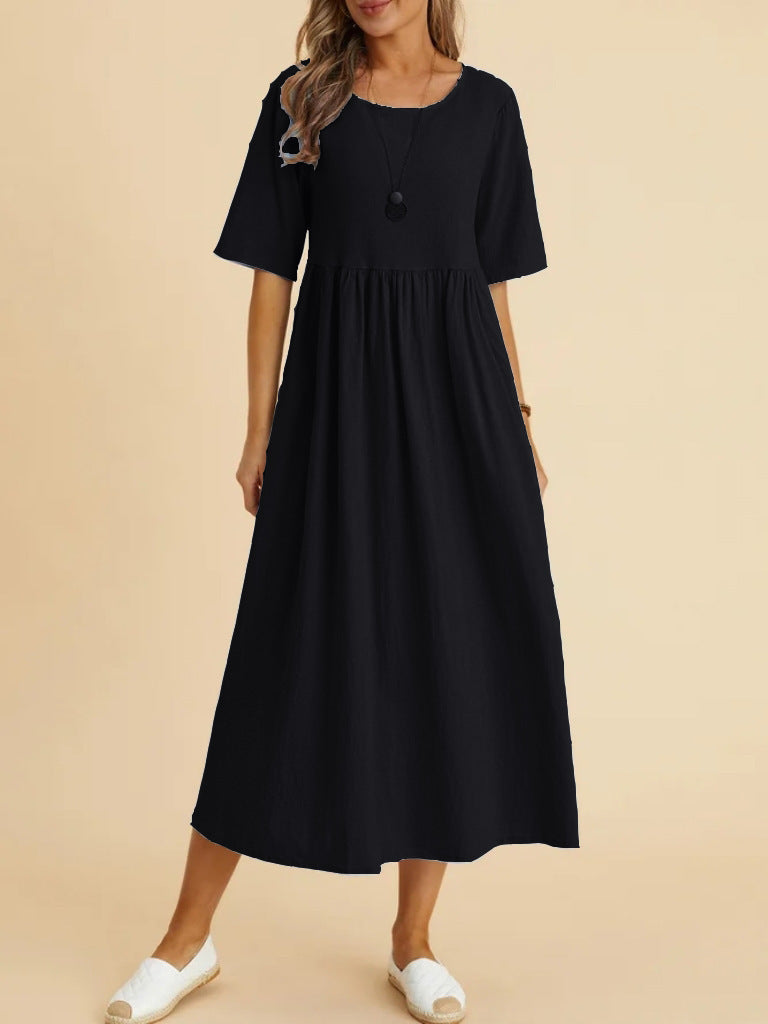 Plus Size Cotton Linen Midi Dress | Round Neck Pocket Dress