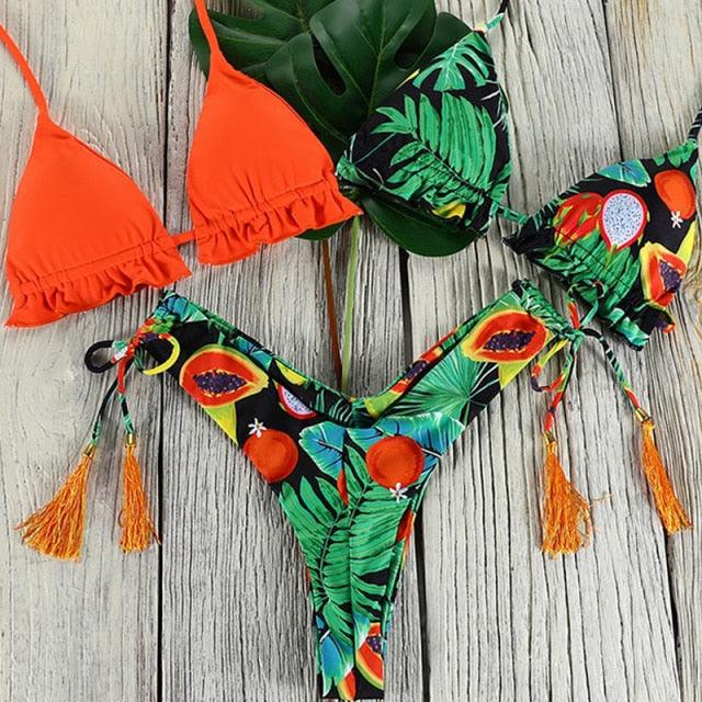 Mermaid in Bloom 3-Piece Bikini Set with Crisscross Straps