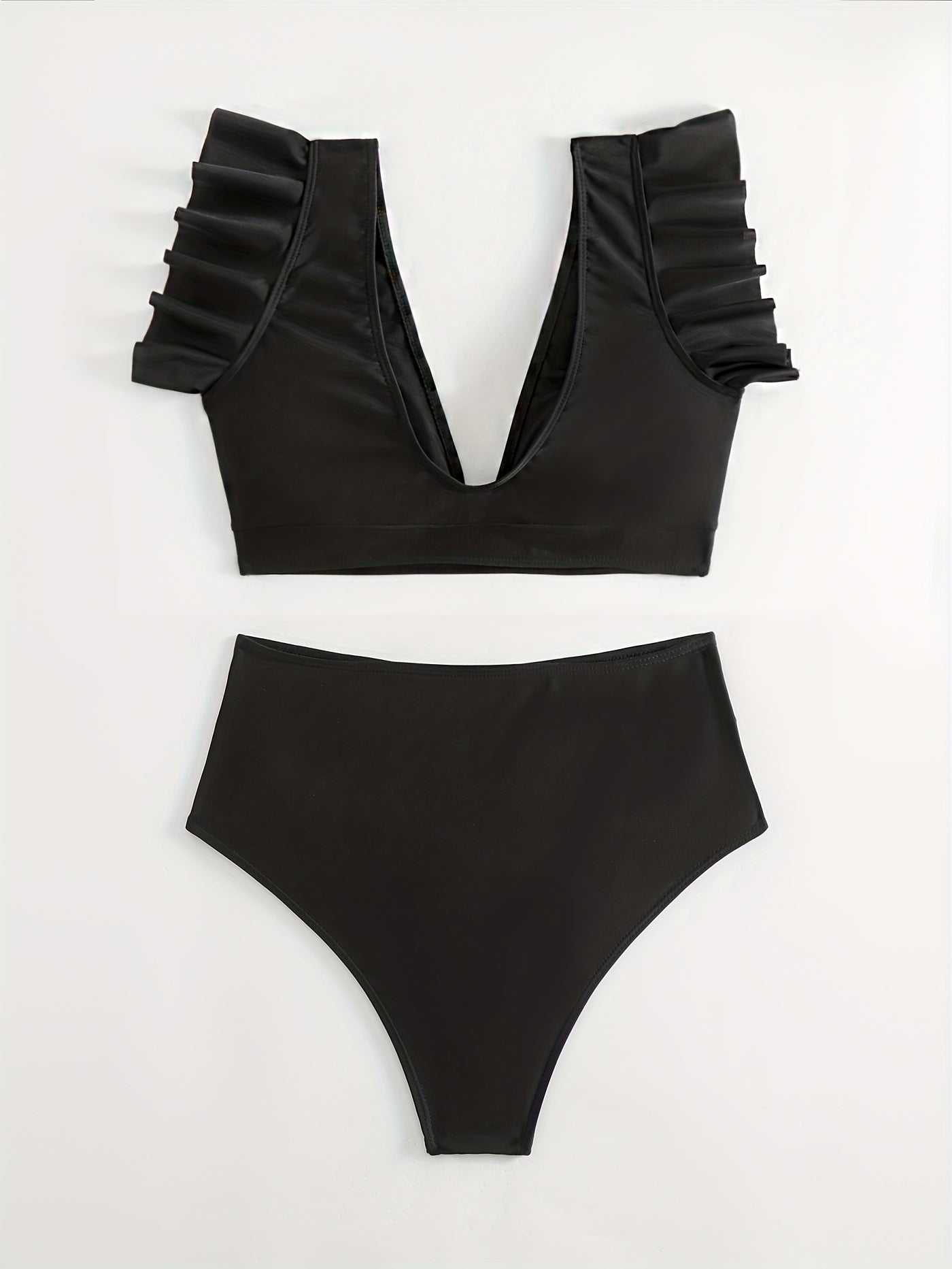 "Obsidian Wave – Ruffle Lettuce V-Neck High-Waist Bikini Set"