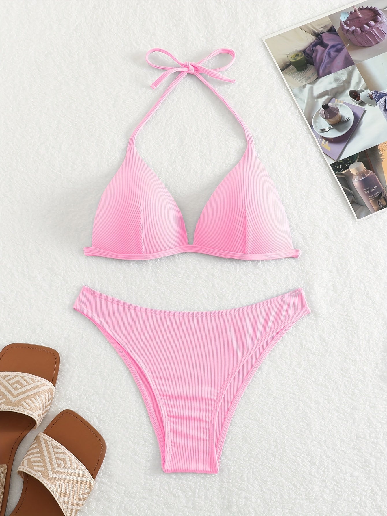"Starfish Strands – Rib Knit Tie-Back Triangle Bikini Set"
