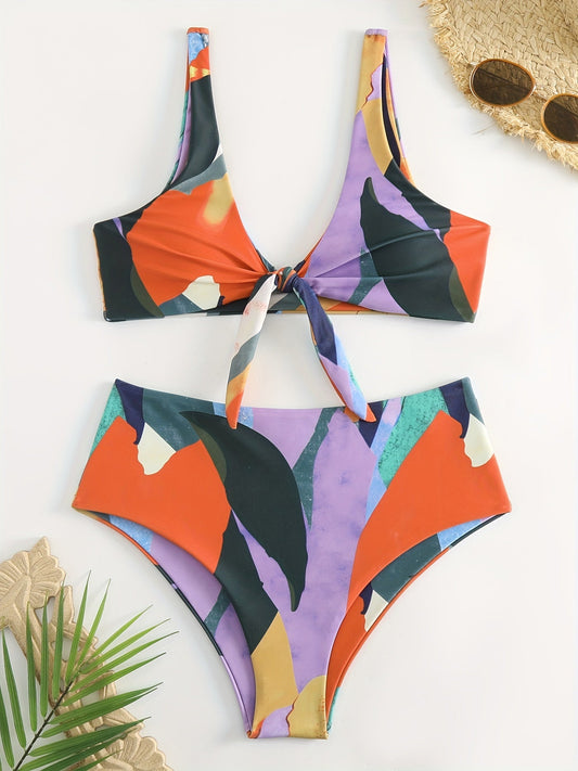 "Reef Colorblock – V-Neck Tie-Front High-Waist Bikini Set"