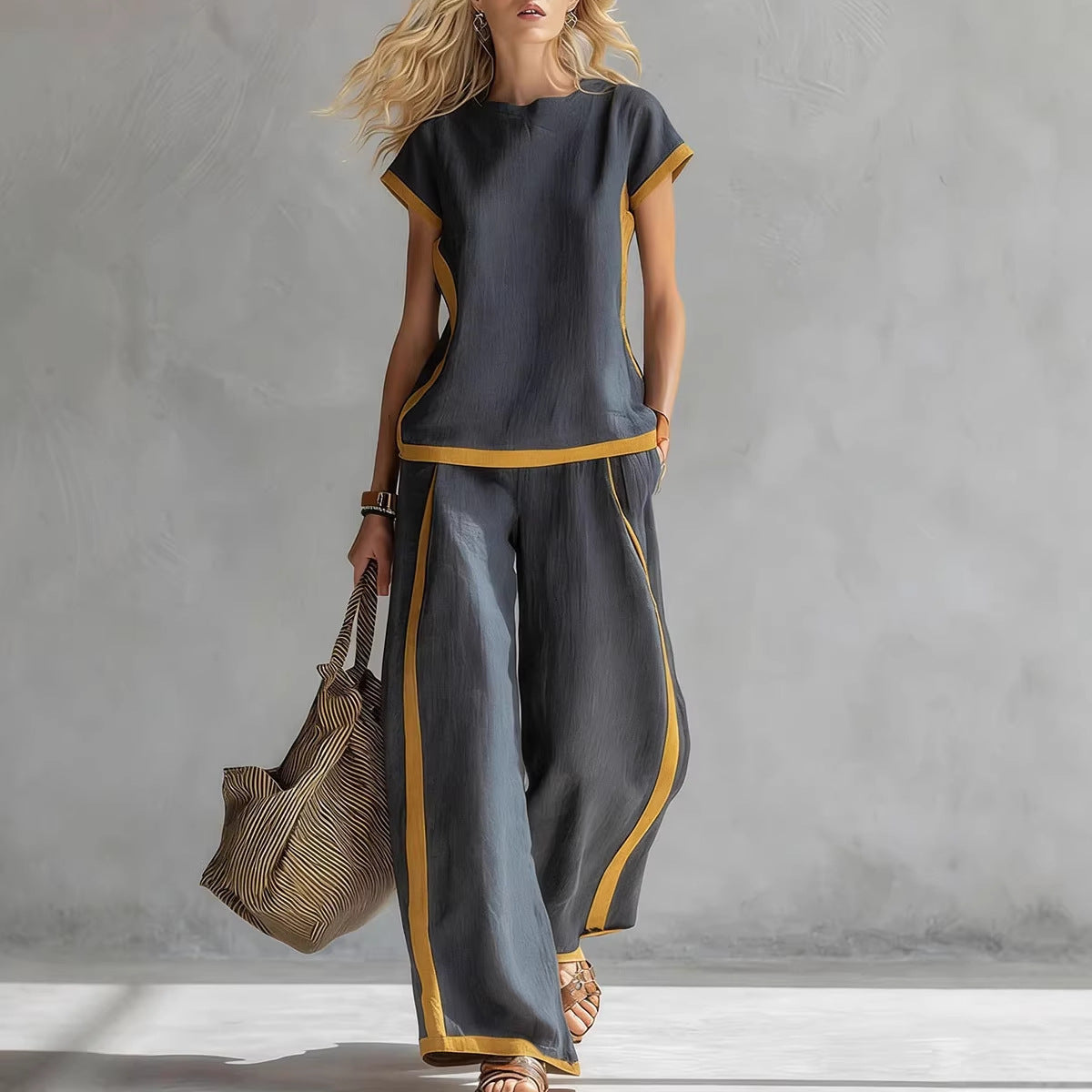 Solid Color Shirt & Wide-Leg Trousers Two-Piece Set