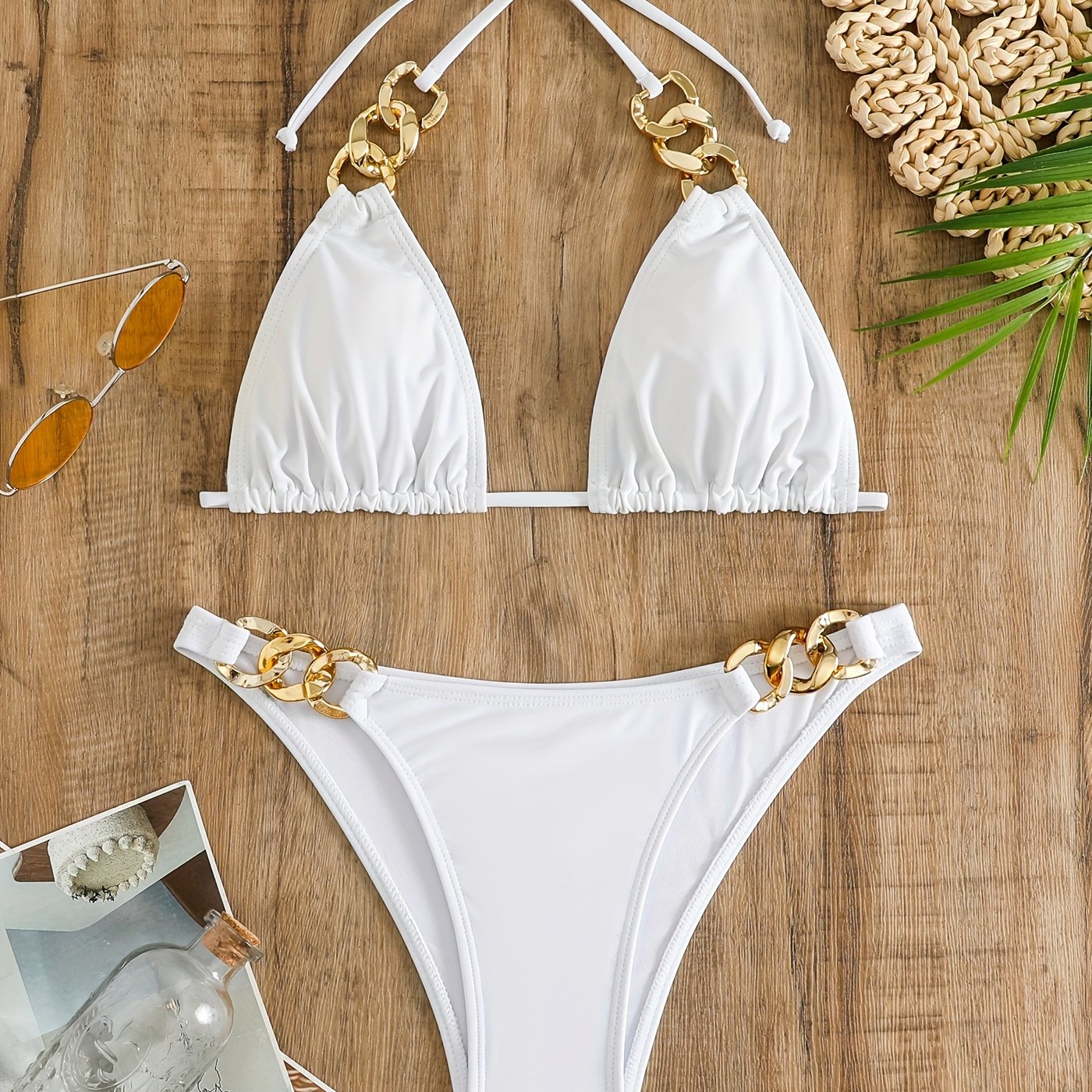 Luxe Hardware Detail Link Triangle Halter Bikini Set – Chic V Neck 2 Piece Swimsuit with Lace-Up Tie Back High Stretch Nylon Blend and Sleek Solid Color Finish – Women's Elegant Swimwear for Summer Beach & Pool Style