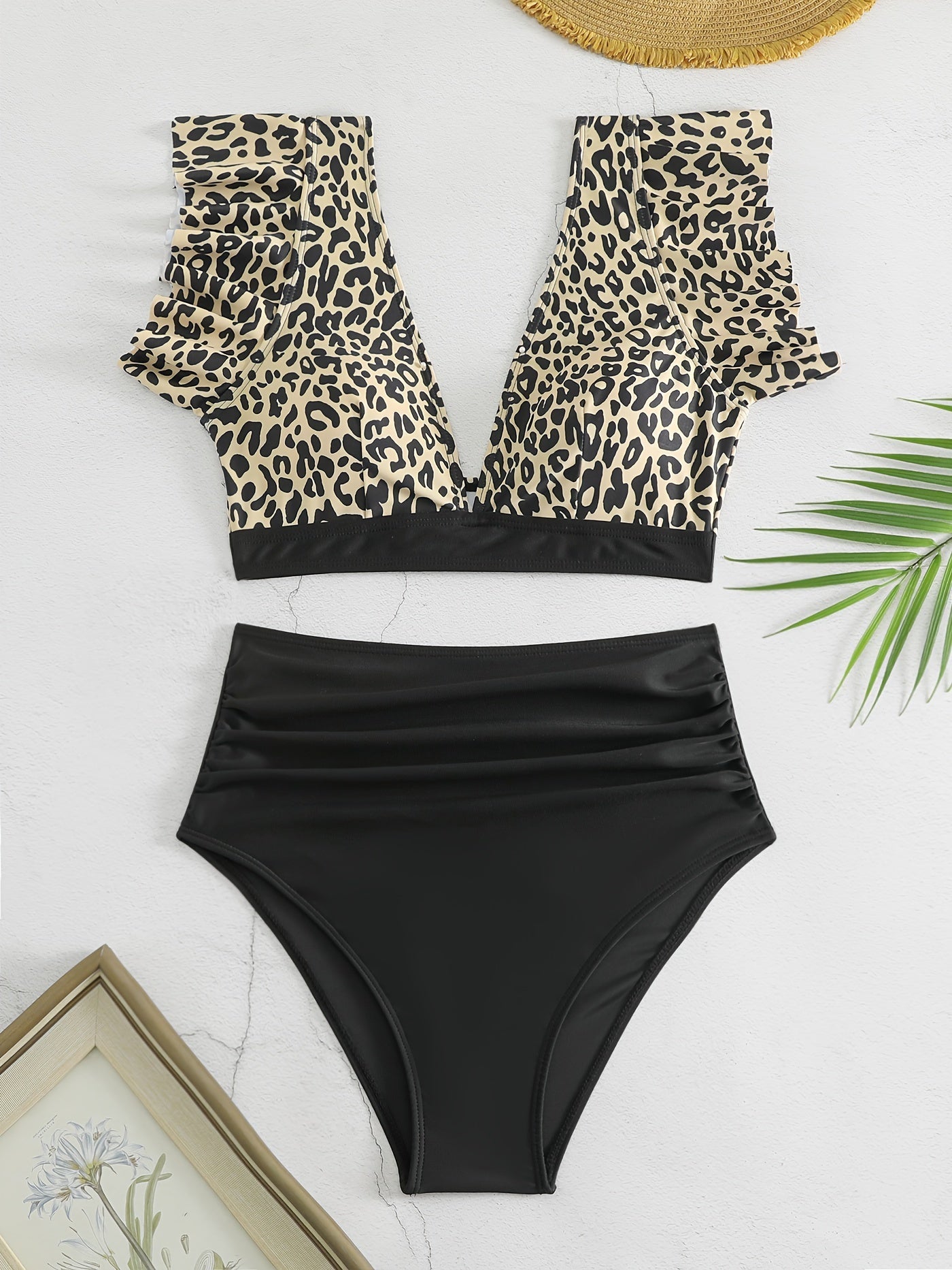 "Obsidian Wave – Ruffle Lettuce V-Neck High-Waist Bikini Set"