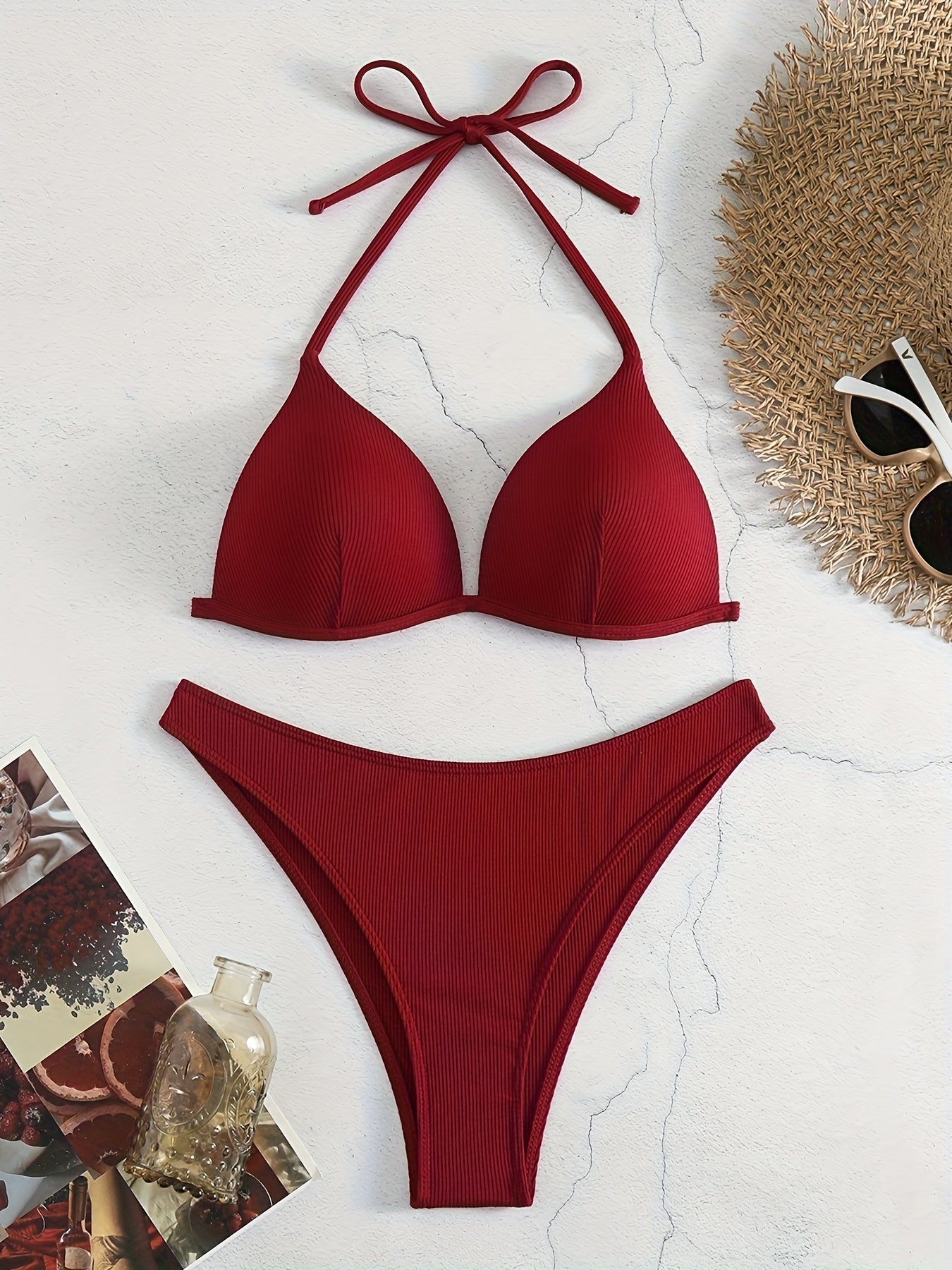 "Starfish Strands – Rib Knit Tie-Back Triangle Bikini Set"