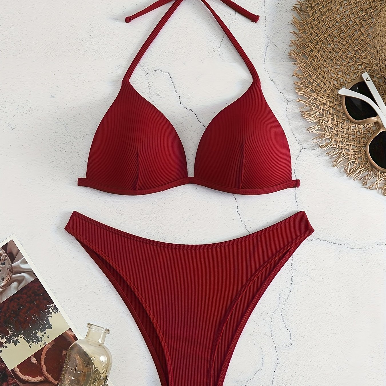"Starfish Strands – Rib Knit Tie-Back Triangle Bikini Set"