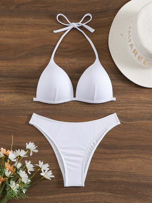 "Starfish Strands – Rib Knit Tie-Back Triangle Bikini Set"