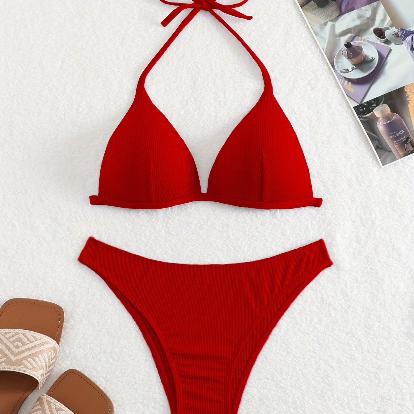 "Starfish Strands – Rib Knit Tie-Back Triangle Bikini Set"