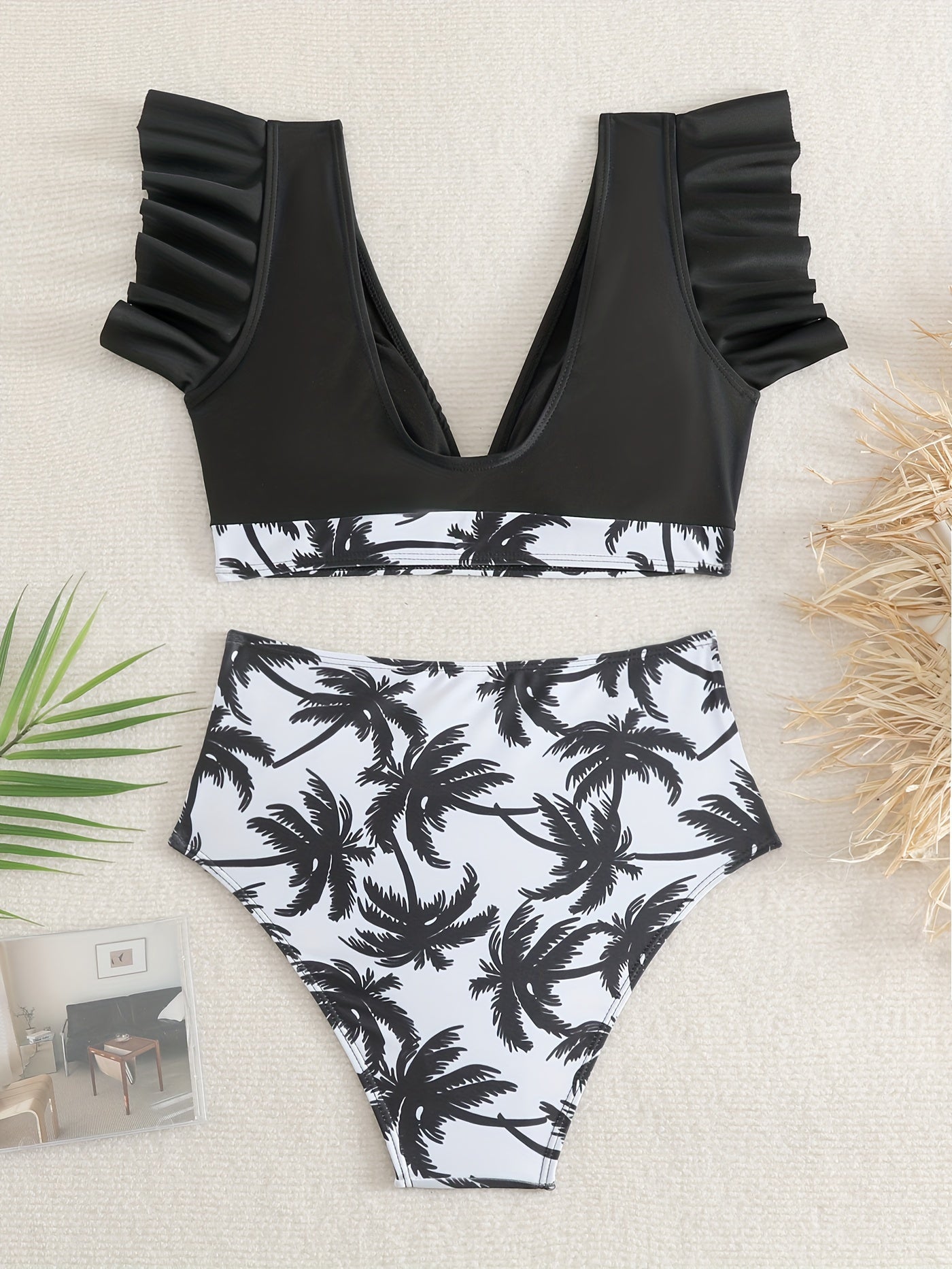 "Obsidian Wave – Ruffle Lettuce V-Neck High-Waist Bikini Set"