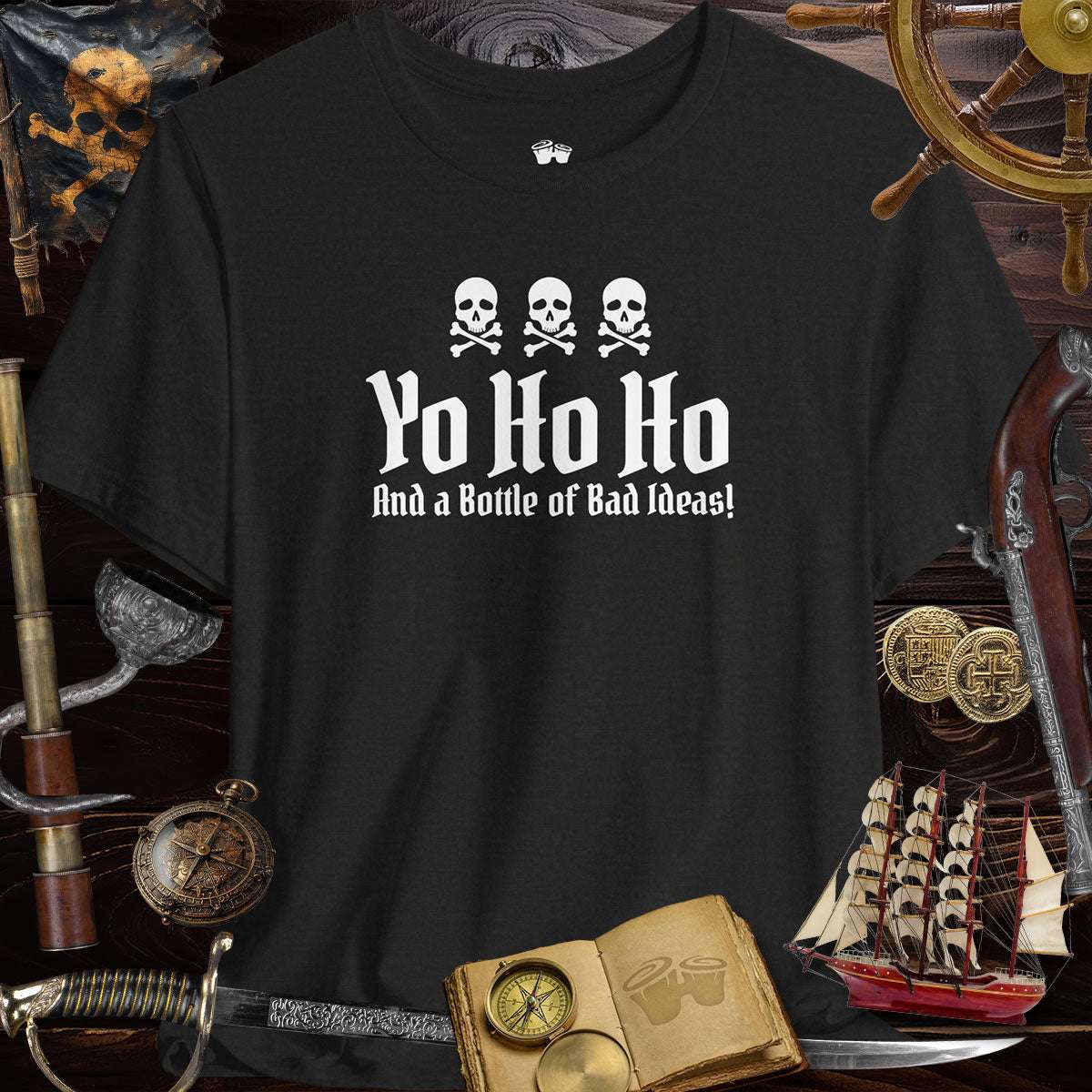 Yo Ho Ho And A Bottle Of Bad Ideas 🏴‍☠️  Skulls Graphic Tee for Pirate Lovers