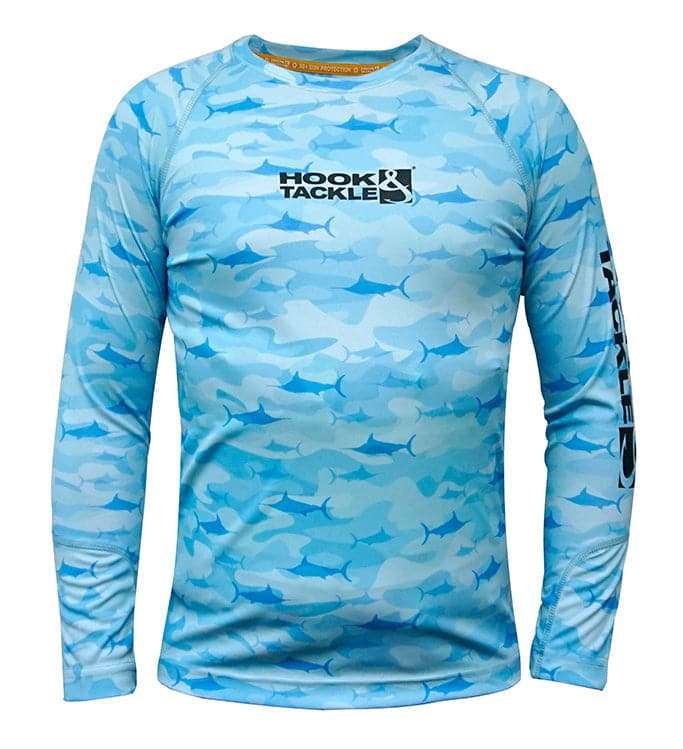 Youth camo Billfish UV fishing shirt for boys with moisture-wicking, quick-dry fabric and UPF 50+ sun protection