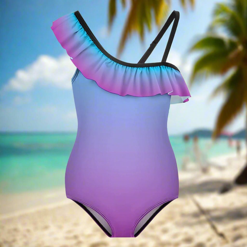 Girls Ombré Ruffled One-Shoulder 🩱 One Piece Swimsuit 