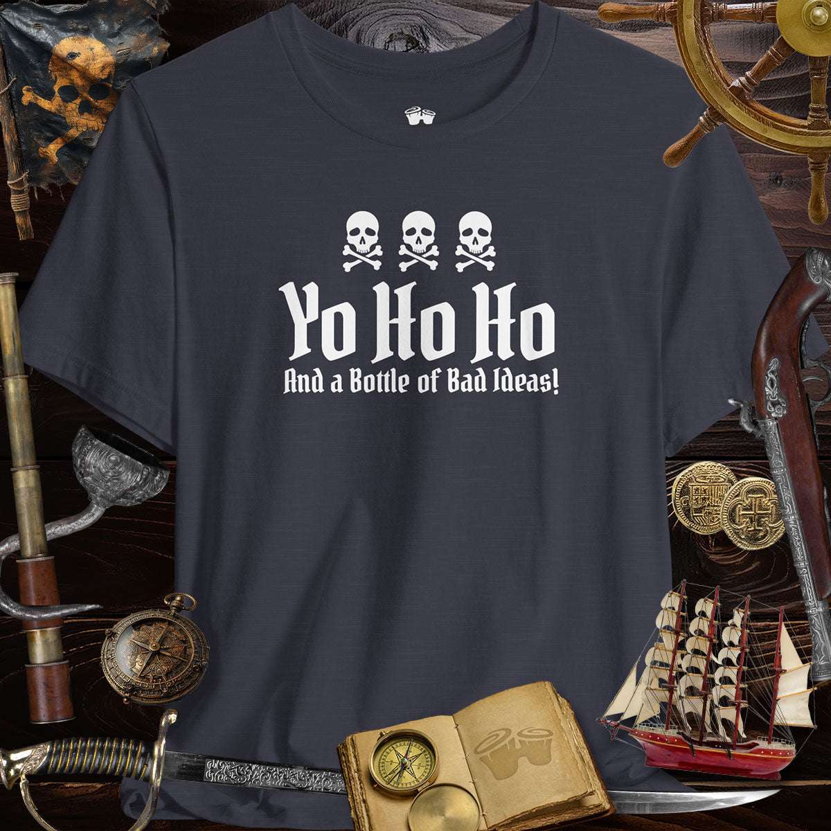 Yo Ho Ho And A Bottle Of Bad Ideas 🏴‍☠️  Skulls Graphic Tee for Pirate Lovers
