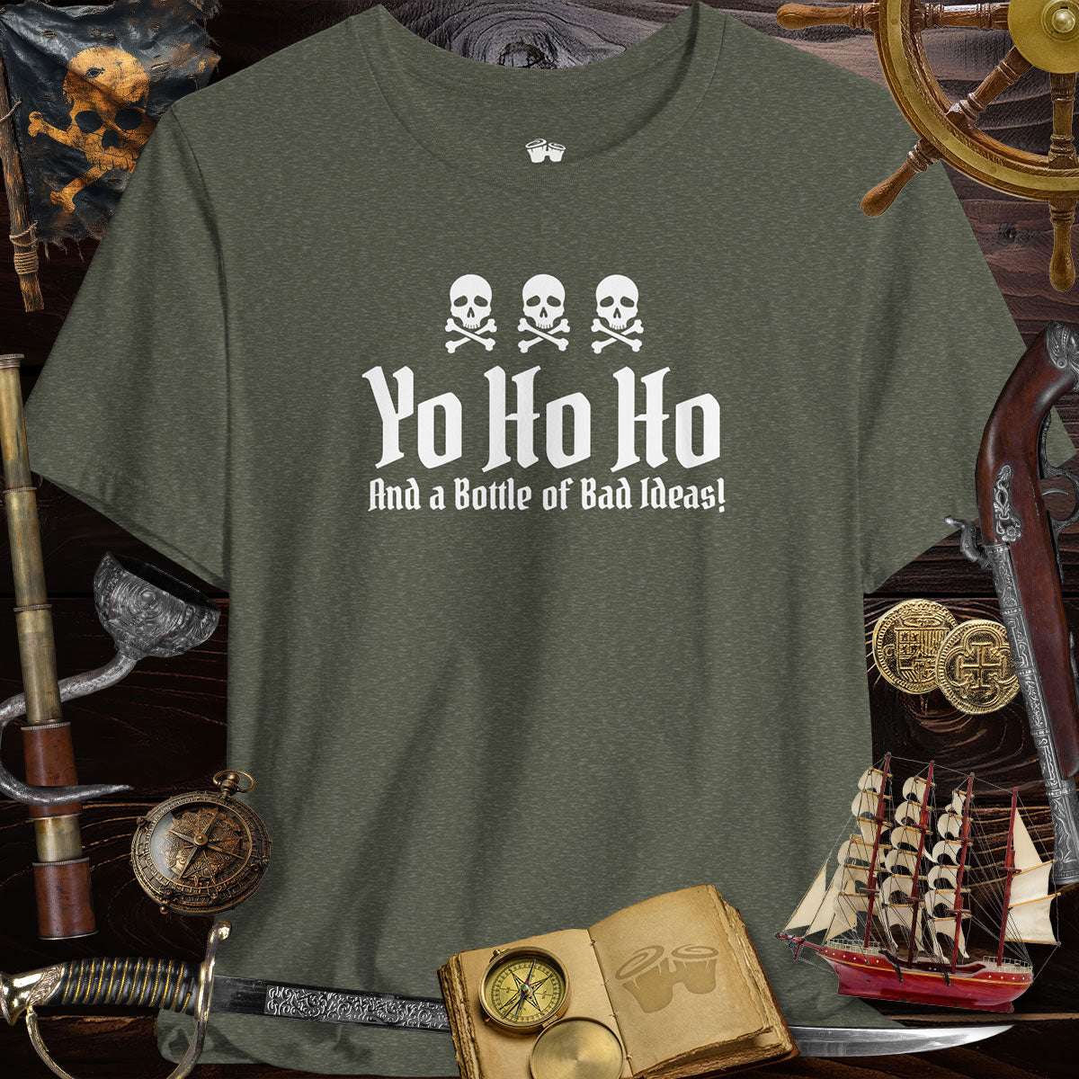 Yo Ho Ho And A Bottle Of Bad Ideas 🏴‍☠️  Skulls Graphic Tee for Pirate Lovers