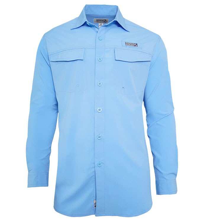 Woman wearing Women's Coastline L/S UV vented fishing shirt with secure button system and zippered pocket