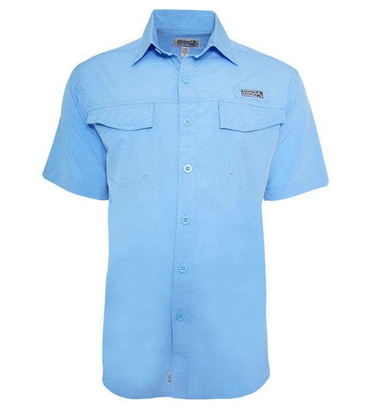 Men's Coastline S/S UV Vented Fishing Shirt with secure buttons, UPF 50+ protection, zipper pocket, and breathable mesh lining.