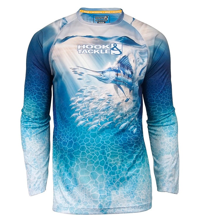 Men's Marlin Strike UV fishing shirt with bull dolphin design and moisture-wicking fabric
