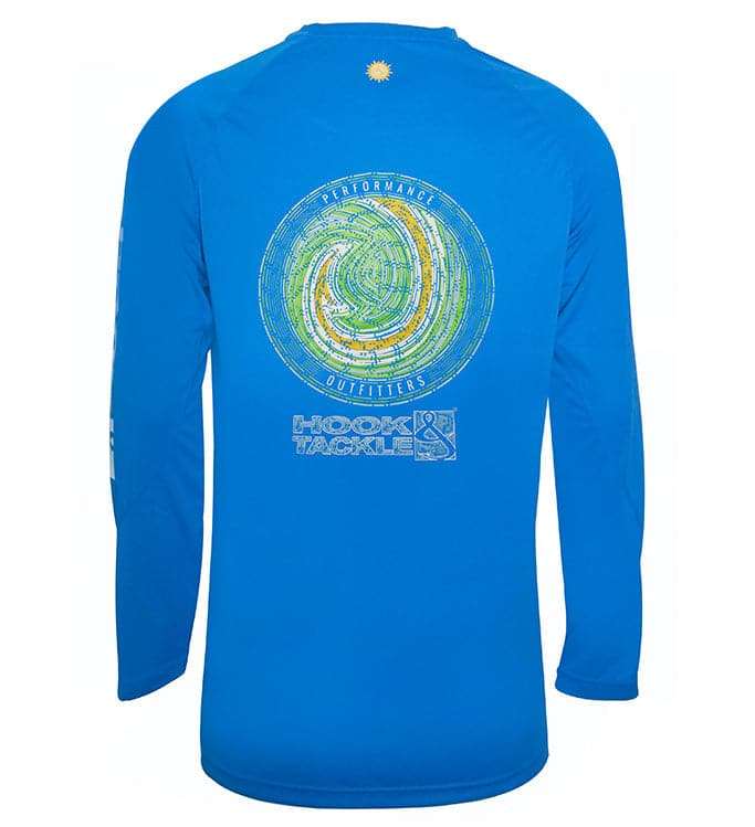 Youth wearing blue Youth Hooked UV Fishing Shirt with radial sleeves designed for moisture-wicking and sun protection