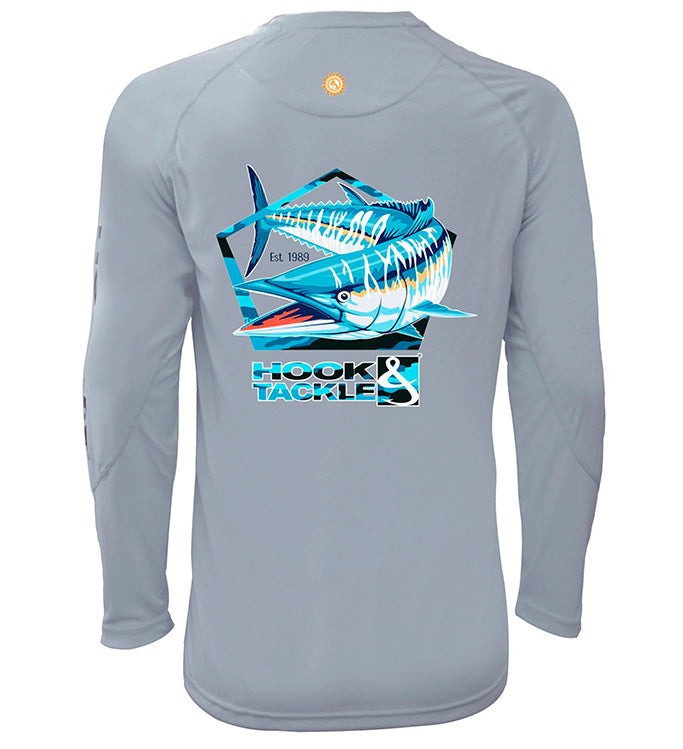 Men's Wahoo Pentagon UV protection fishing shirt with Wicked Dry & Cool fabric and radial sleeves