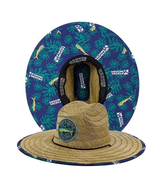 Hook & Tackle Mahi Mahi Tropics Lifeguard stretch fit premium straw fishing hat with woven logo patch and adjustable chin strap
