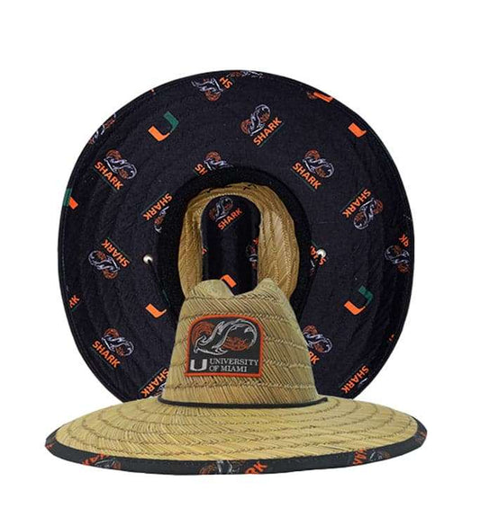 University of Miami Shark Research straw lifeguard hat with logo, anti-glare visor, adjustable chin strap, and odor-resistant stretch fit band