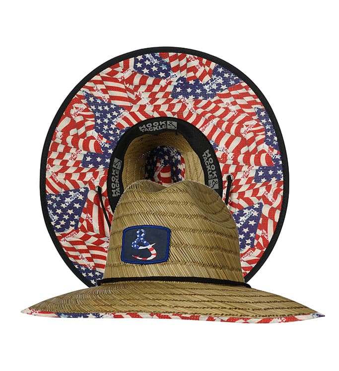 American Lifeguard stretch fit premium straw hat with American flag design and adjustable chin strap