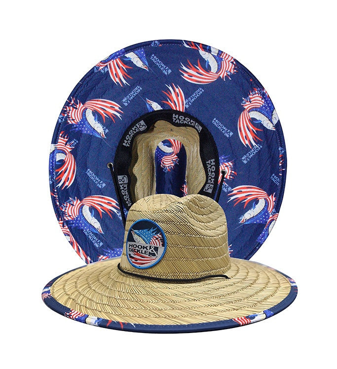 Hook & Tackle Sails & Stripes Straw Hat with American flag sailfish patch and adjustable chin strap