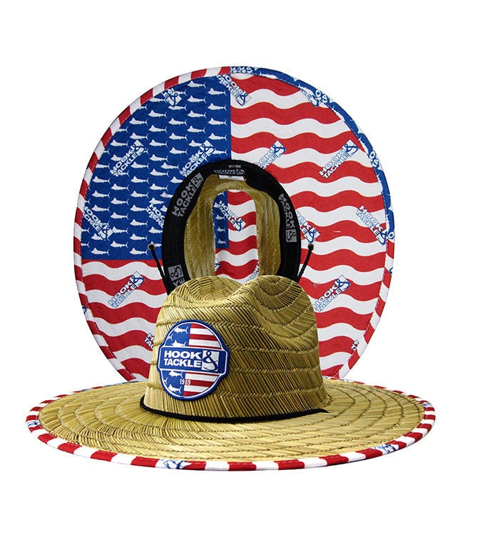U.S. Marlins Straw Hat premium lifeguard fishing hat with woven logo patch and adjustable chin strap
