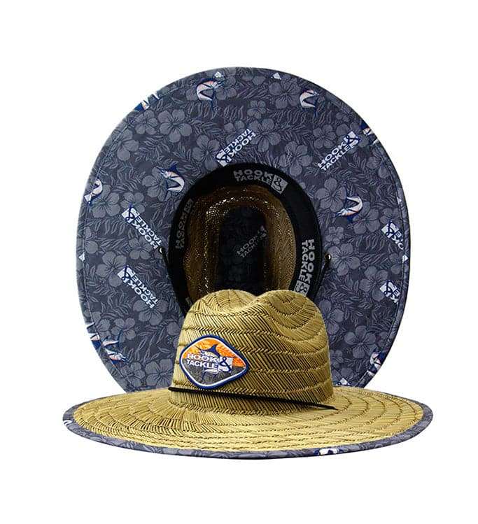 Tropic Marlin Straw Hat with stretch fit, woven logo patch, adjustable chin strap, and anti-glare under-visor