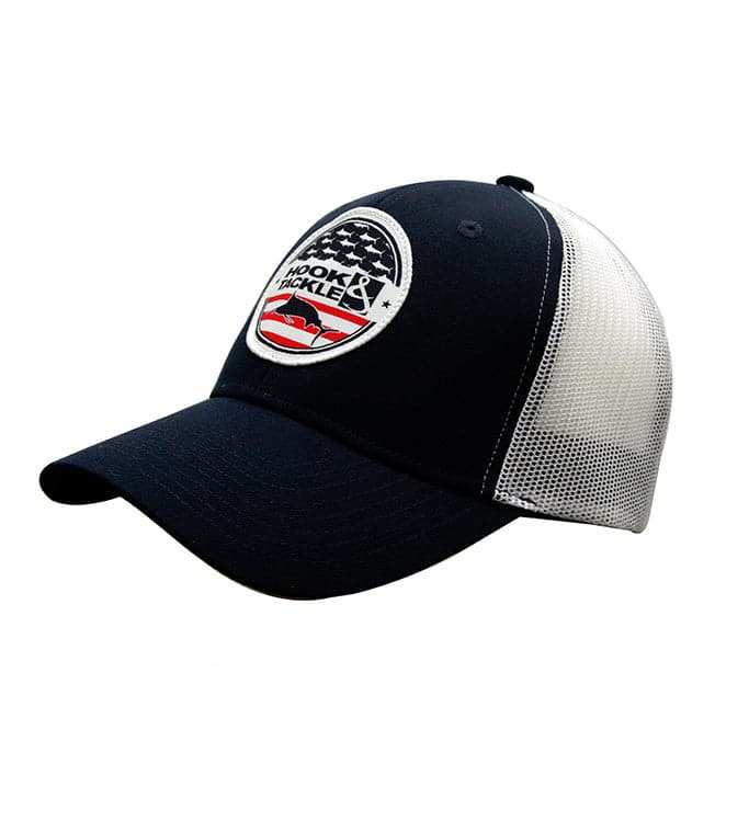 Marlin America Fishing Trucker Hat with mesh panels, embroidered patch, and adjustable snapback closure