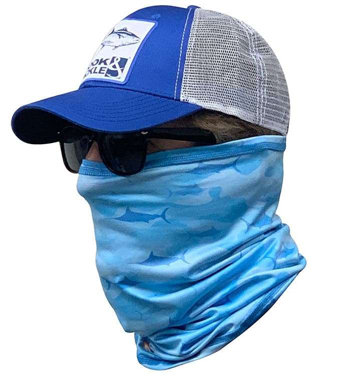 Blue Marlin Camo fishing neck gaiter with UPF 50+ sun protection and 360-degree stretch design