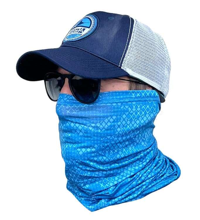 Geo camo face and neck gaiter with UPF 50+ sun protection and 360-degree stretch for fishing and outdoor use